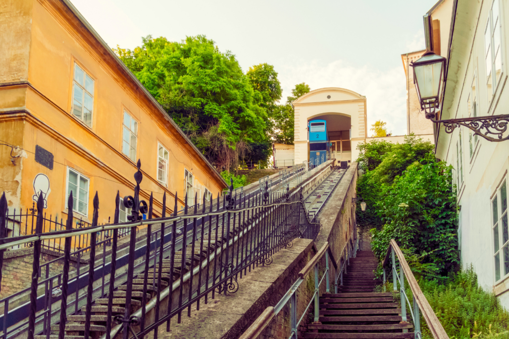 Zagreb attraction Funicular blue cable car colorful